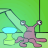 Pixelated image of a pink creature with multiple limbs and eyes holding a glowing blue object against a green background.