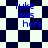 Blue text 'luke was here' on a checkered background with alternating black and white squares, transitioning to diamond-shaped patterns.