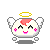 Pixelated angel icon with white body, pink cheeks, yellow halo, and small wings in multiple poses showing floating motion.