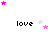 four and four displays the word 'love' in black pixelated text with pink star animations above each instance