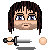 Pixelated character head with brown hair and beard holding a sword, two views show slight facial expression differences.