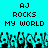 Pixelated cyan background with black text reading 'AJ ROCKS MY WORLD' repeated twice, below which are multiple pixelated figures raising hands.