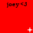 Red background with repeated 'joey <3' text and animated white pixel effects including plus signs, stars, X shapes, dots, and lines.