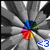 Pixelated static image with central multicolored cluster surrounded by radiating gray and white lines, small scattered colored pixels in background.
