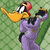 Daffy Duck in purple attire with a red hat, holding an object against a green background; text reads "Daffy Duck meets 21st century".