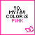 A 3x2 contact sheet of five animated frames showing a pixel art icon with text "YO. MY FAV COLOR IS PINK" and changing pink heart symbols on white backgrounds with bright pink borders.