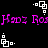 Pixelated pink text 'H90z Ros' repeats across a black background with white geometric shapes above and below the text