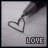 Two side-by-side animated frames showing a heart outline drawn by a pen, with the word "LOVE" below in pixelated text that changes color between frames.