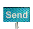 Four views of a teal textured sign with white 'Send' text on silver poles against gray background, showing different angles and rotations.