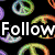 Animated icon with black background featuring rainbow, peace signs, and text fragments 'Follow me to he en' and 'of the rainbo'.