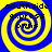A static image with four identical spiral patterns in blue and yellow, each containing text elements.