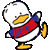 Pixelated duck with white head, yellow beak, and yellow feet, wearing red and blue striped scarf, standing on white background.