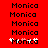 Red background with repeated black text 'Monica' and white pixelated flower-like shapes at the bottom of each text line.
