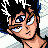 Pixelated anime-style character with spiky black hair and blue eyes, wearing a black necklace, next to a black with white text