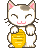 Pixel art contact sheet of a white and brown cat mascot holding a golden coin, with two frames showing the right paw raised in an animated sequence.