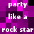 Pixelated text repeats 'party like a rock star' across a of purple and black squares with white lettering