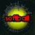 Animated sequence of four showing a yellow ball with red text reading "softball" and related phrases against dark background