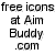 Pixelated text and icon on gray background: 'free icons at Aim Buddy .com' left, email icon with yellow envelope and white cursor right.
