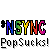 Pixelated icon of a stick figure playing a yellow and brown electric guitar, with multicolored *NSYNC text above and "Pop Sucks!" text below on a white background.