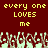 Pixelated text reads 'every one every one LOVES LOVES me me' over a dark red background with light green pixel art figures below.