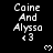 Pixelated text displays 'Caine And Alyssa' with a heart symbol and '<3' on a black background, repeated across a with a gray rectangle in the bottom-right corner