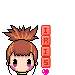 Pixel art character with brown hair in a high ponytail, purple eyes, and pink cheeks; vertical text 'IRIS' on red blocks beside the head.