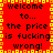 Red background with yellow border, black text reading 'welcome to... the price is fucking wrong!' repeated in a pattern