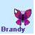 Pixelated static buddy icon featuring a purple butterfly with pink accents against a light blue background, with the name "Brandy" displayed below in dark blue pixelated text.