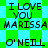 Pixelated text on a green and cyan checkered background with green star shapes, displaying 'I LOVE YOU MARISSA' and 'O'NEILL' in black block letters.