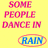 Three identical display text about people dancing in rain versus getting wet, with animation showing increasing outline layers around 'RAIN' and 'WET'