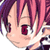 Pixelated anime-style character face with pink and purple hair, one visible red eye, and partial white clothing against a transparent background.