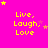 Bright pink background with yellow text "Live, Laugh, Love" repeated in a , surrounded by small yellow and pink stars