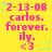 Yellow background with pink text reading '2-13-08 carlos. forever. ily. <3' and blue star accents, showing animation changes in star positions.