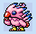 Pixelated pink creature with blue eyes, red nose, and yellow feet stands against light blue background; left view shows open mouth, right view shows closed mouth.