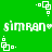 Green background with white pixelated text 'simran' and heart symbols, surrounded by small square-and-dot patterns.