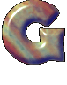 A glossy, rainbow-hued letter G with a smooth curved shape and visible light reflections on its surface.