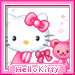 Hello Kitty with pink bow and teddy bear, wearing striped scarf, standing in pink frame with 'Hellokitty' text below.