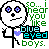 Pixelated icon features a white circular head with black outline, purple flower-shaped eyes, and a small black nose; green text reads "so...i hear you like blue eyed boys.".