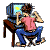 Pixelated figure in pink shirt and blue pants sits at desk with CRT monitor, alternating between raised fists and hands near face.