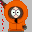 Pixelated character in orange hooded coat with dark brown trim, gray hands, and red particle effects on left side.