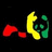 A yellow crescent-shaped object, red shapes, and green circular forms on a black background with one gray