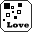 Pixelated black-and-white icon with scattered squares and the word 'Love' in blocky text, displayed across multiple positions