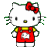 Two static frames of a Hello Kitty cartoon character in red overalls with yellow straps and a red bow, displayed side-by-side on a gray background.