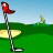 Animated golf icon contact sheet showing sequential frames of a golfer hitting a ball toward a flag on a green course with sand traps under blue sky.
