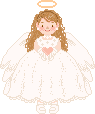 Pixelated angel figure with brown hair, white dress, and wings holding a pink heart, standing against gray background.