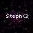 Pixelated text 'Steph<3' appears multiple times on a black background with scattered purple particles, some of which are partially obscured.
