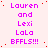 Static image with repeated text in pink and purple on light pink background, featuring 'Lauren and Lexi LaLa BFFLS!!!' in multiple