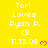 Yellow background displays repeated text "Tori Loves Ryan P. <3 11.13.08" with pink heart symbols, some frames show gray bottom-right corner.