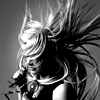 Black-and-white stylized anime character with flowing hair, wearing a high-collared outfit, holding a microphone, and posed in profile against a gradient background.