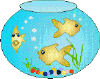 Animated contact sheet of nine fishbowl frames showing yellow cartoon goldfish swimming in blue water with green plants and colored pebbles, each frame displaying different positions and expressions.